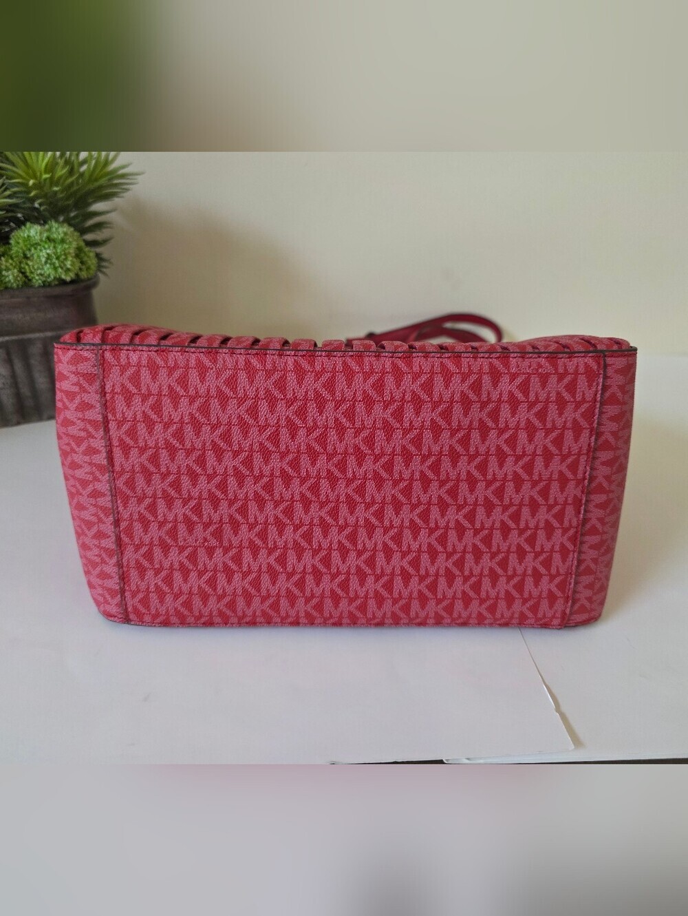 Michael Kors Sinclair Large Pleated Shopper Tote Crimson Red Signature Logo - Picture 9 of 10